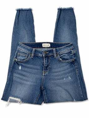 Cello Mid Rise Distressed Skinny Ankle Jeans with Raw Hem